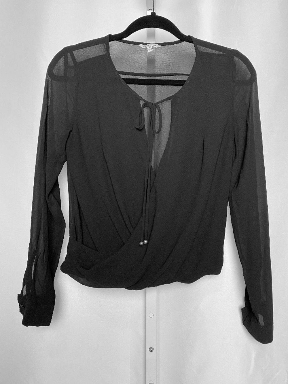 Naked Zebra Womenʻs Sheer Black Long Sleeve Faux Wrap Plunging Neckline Blouse S